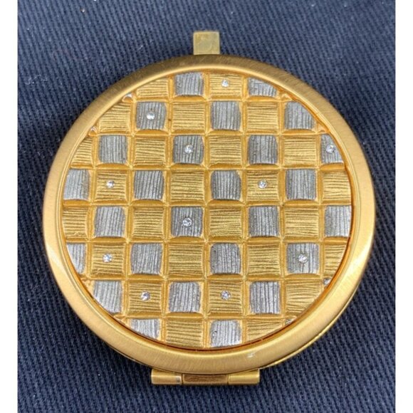 Compact Mirror Gold Tone Silver Tone Crystals Geometric Rhinestone 1.75" Vtg - Picture 1 of 7